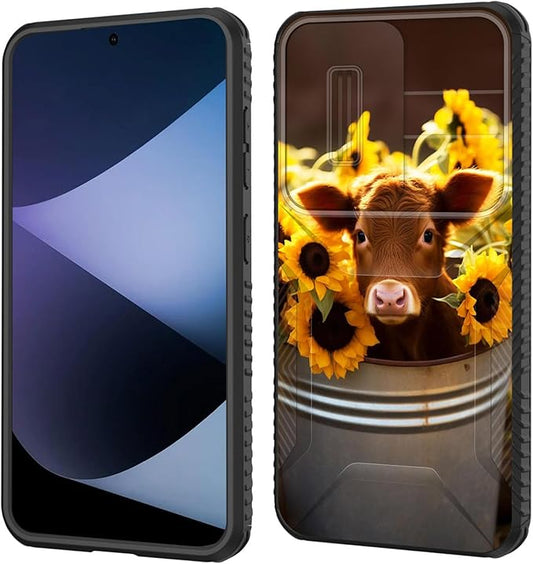 for Galaxy S26 Plus Case Built in Slide Camera Lens Cover,Heavy Duty Shockproof Protection Dual Layer Case for Samsung Galaxy S26 Plus 6.7" 2026,Cow with Sunflowers