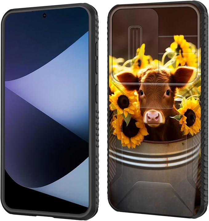 for Galaxy S26 Case Built in Slide Camera Lens Cover,Heavy Duty Shockproof Protection Dual Layer Case for Samsung Galaxy S26 6.3" 2026,Cow with Sunflowers