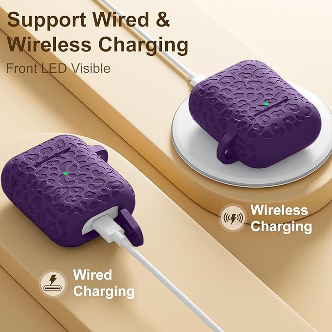 Leropard Engraved for AirPods Case Cover, Cute Soft Silicone Protector with Keychain Compatible with Airpods 2nd/1st Generation,Front LED Visible,Darkpurple