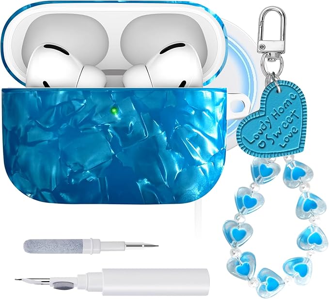 Sparkle Case for Airpods Pro 3,with Heart Keychain & Cleaning Kit,Compatible with MagSafe,Giltter Soft TPU Cover for 2025 Airpods Pro 3rd Generation,Shockproof & Girly-Glossy Blue