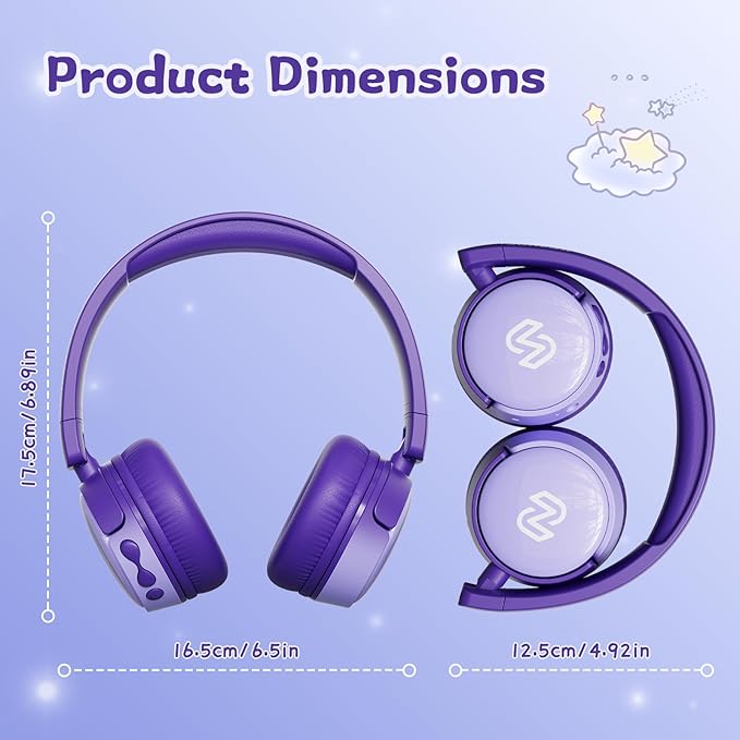 S62 Kids Bluetooth Headphones, Wireless Headphones for Kids Over Ear with Microphone, 85/94dB Volume Limiter Headset for Girls Boys, Foldable Headset for Learning & Entertainment-Purple