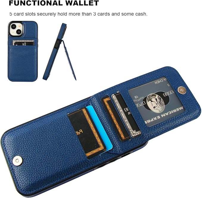 KIHUWEY Compatible with iPhone 15 Case Wallet with Credit Card Holder, Flip Premium Leather Magnetic Clasp Kickstand Heavy Duty Protective Cover for iPhone 15 6.1 Inch (Lichee Blue)