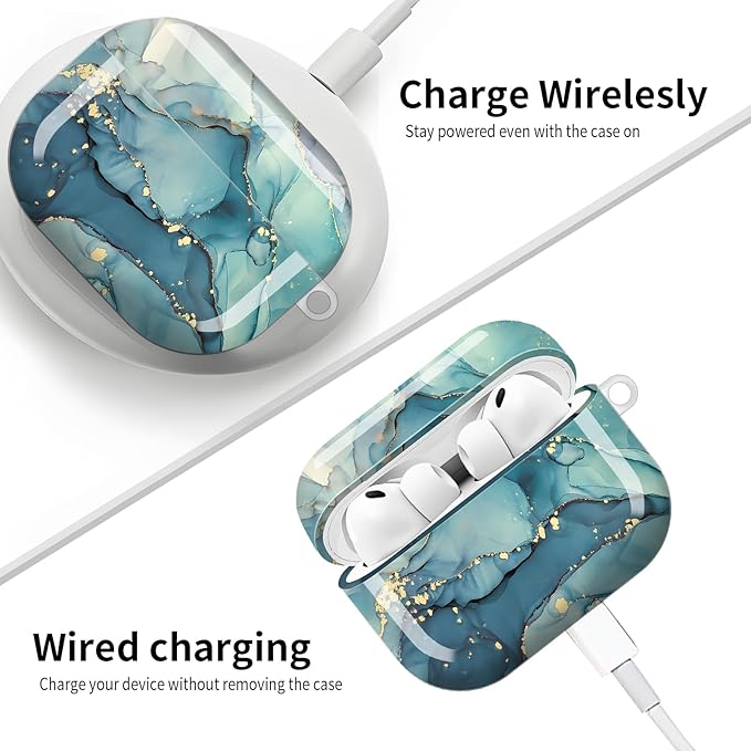 Compatible with AirPod Pro 3 (2025),Cute Case Cover for Women & Men, Full Protection Shockproof Hard Case with Keychain, Wireless Charging Case Accessories(Blue Green Marble)