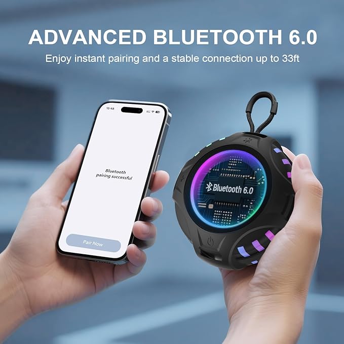 Wireless Bluetooth Speaker, Blue Tooth Portable Speaker with IPX6 Waterproof, 2500mAh Battery, TWS Pairing, RGB Light, Built in Mic, Support TF Card, USB, Unisex Gifts for Bathroom Party Home - Black