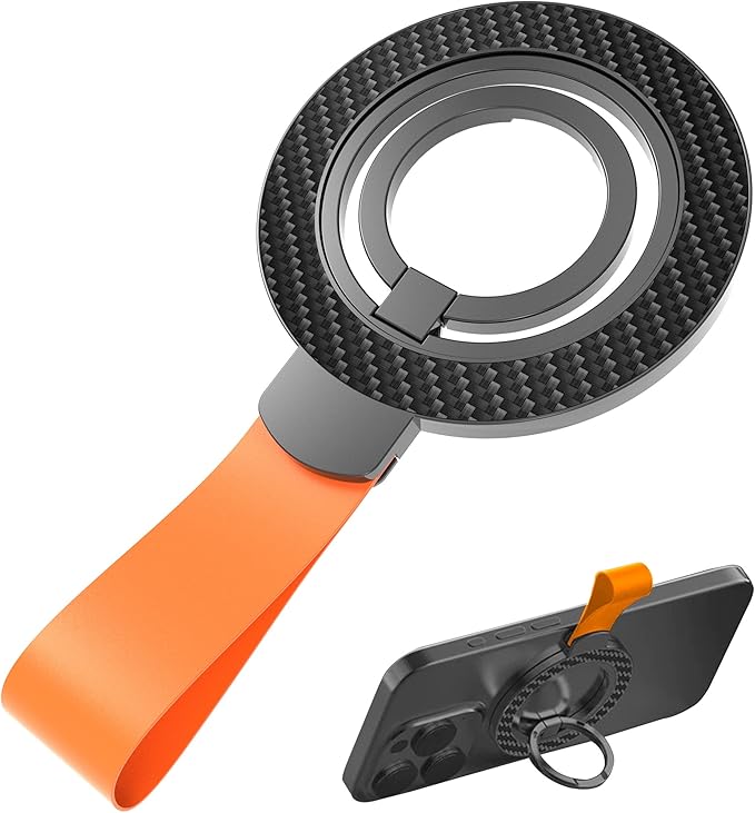 Magnetic Phone Grip with Magnet Stand – 360° Rotatable Finger Ring Holder & Strong Kickstand, Compatible with iPhone 16/15/14/13/12 Series (Hands-Free Viewing) (BlackOrange)