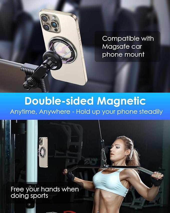 Magnetic Cell Phone Ring Holder Stand - 180° Rotating Finger Ring Kickstand, Premium Polished Metal Grip, Compatible with Magnetic Car Mounts. Ideal for iPhone 15/14-Must-Have Phone Accessory