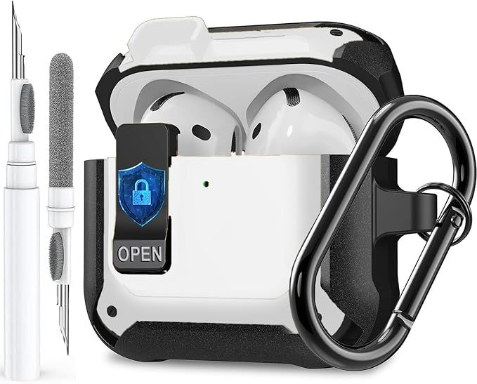for Airpods 4 Case with Lock Clid, Rugged Apple Airpods 4th Generation Cover 2024 Men Women, Armor Shockproof iPod 4 Gen Protective Hard Shell with Carabiner&Cleaner kit,Black/White