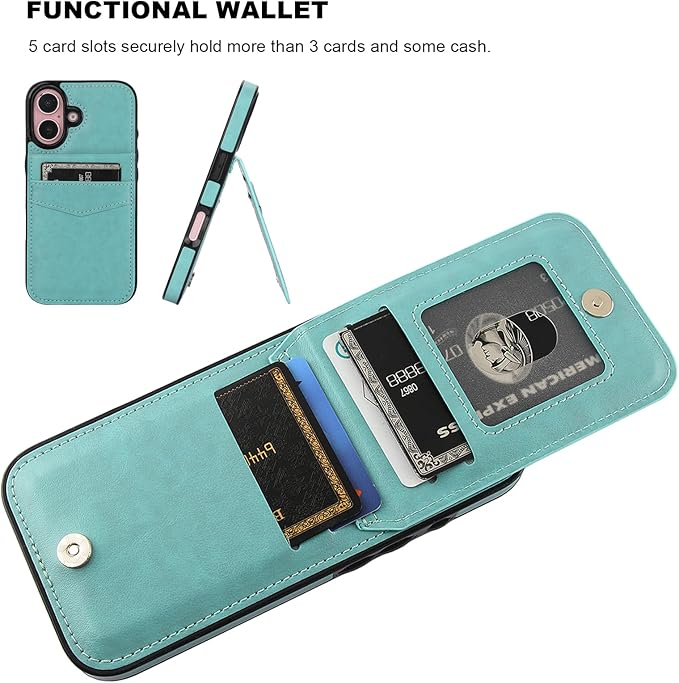 KIHUWEY Compatible with iPhone 16 Case Wallet with Credit Card Holder, Flip Premium Leather Magnetic Clasp Kickstand Heavy Duty Protective Cover for iPhone 16 6.1 Inch (Mint Green)