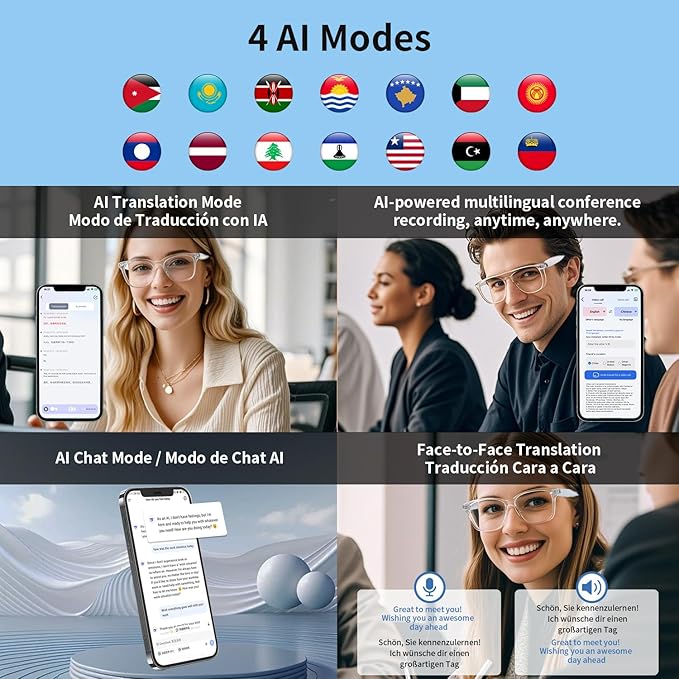 AI Smart Glasses for Women Men, Clear Frame Blue Light Glasses, Real-Time Translation（160+Languages), Photo Translation, No Subscription, Bluetooth AI Translation Glasses for Business Travel-Clear