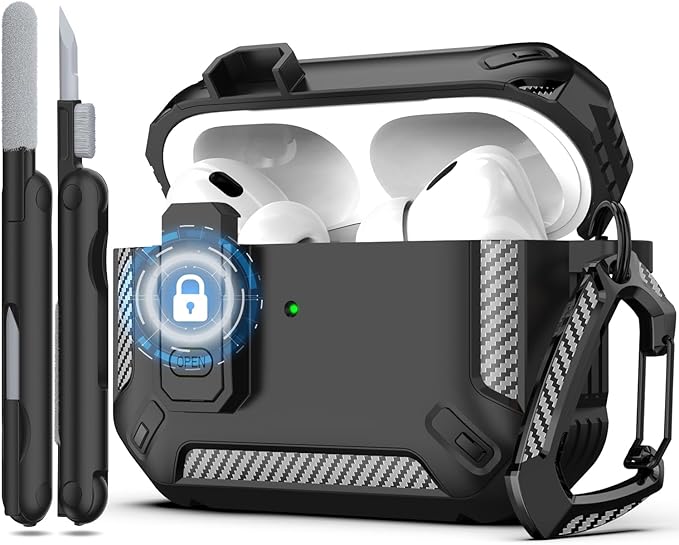 RFUNGUANGO for AirPods Pro 2nd Gen Protective Case with Cleaning Kit, Military Hard Case with Lock for AirPod Gen 2 Charging Case 2023, 2022, Black