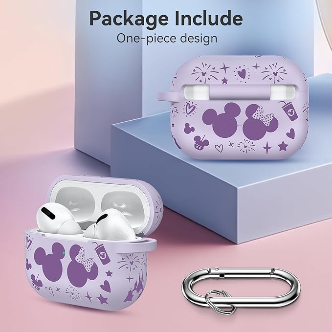 Compatible with Airpods Pro 2nd/1st Generation Case Cover with Keychain, Women Soft Silicone Two-Tone Cute Cartoon Engraved Convenience Protective Case, Front LED Visible Light Purple/Lavender