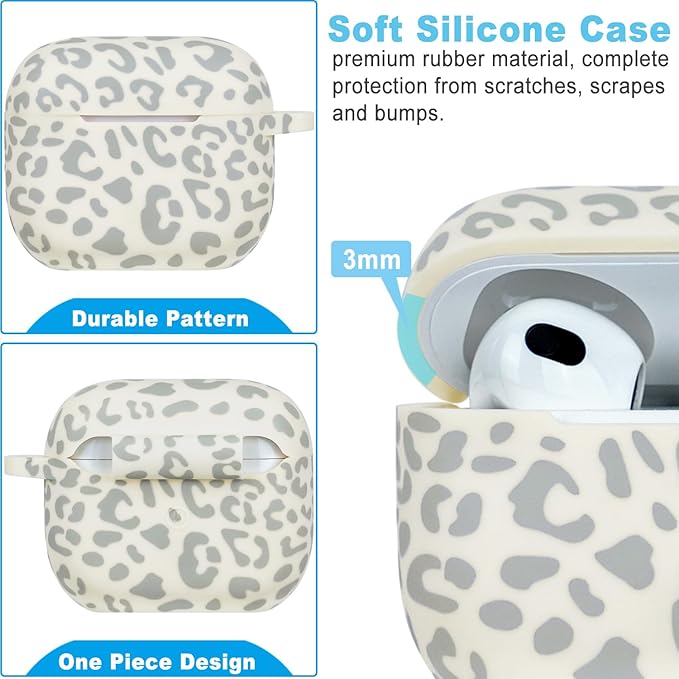 Silicone Leopard Compatible with AirPods 3 Case 2021, Gawnock Soft Case Compatible with AirPods 3rd Generation Floral Print Cover for Women Girls with Keychain (Beige Leopard)