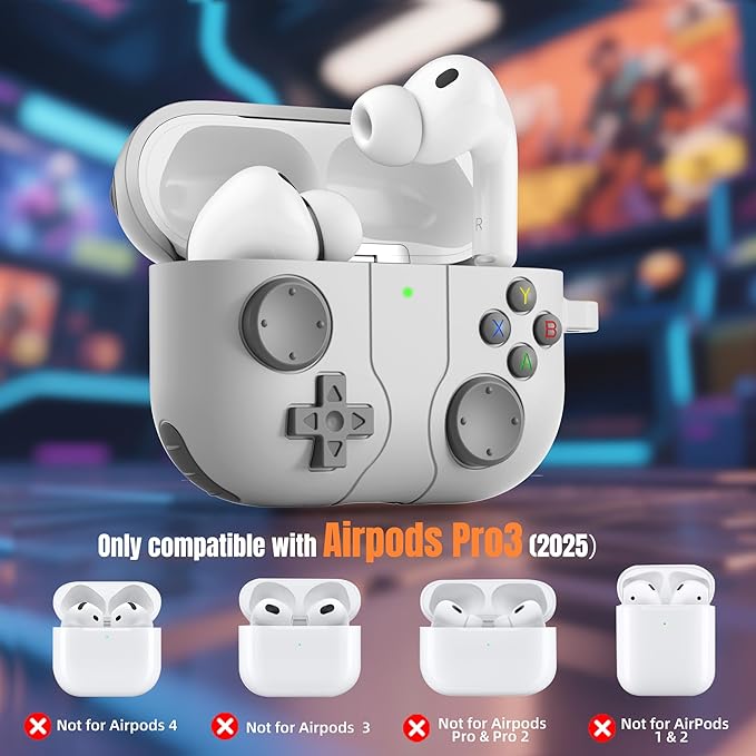 Getino Game Case for AirPods Pro 3 Case 2025, Shockproof Silicone Cover for Apple AirPods Pro 3 – with Cleaner Kit & Keychain, Classic Funny Durable Protective Case for Men Boy–Light Gray