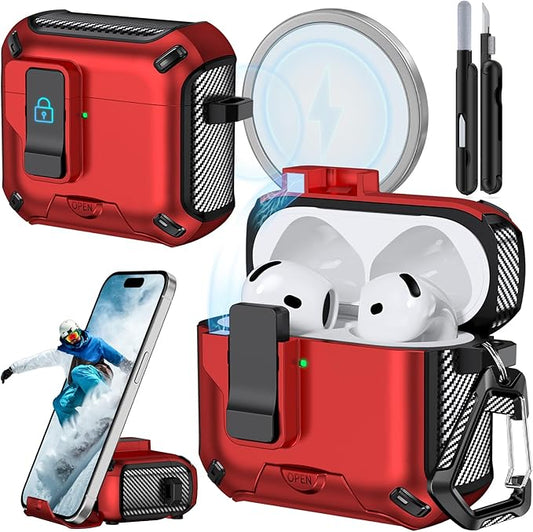 for AirPods 4 Case (2024) with Phone Stand,（with Automatic Snap Switch） Carbon Fiber Design Protection Cover with Cleaning Pen,Red