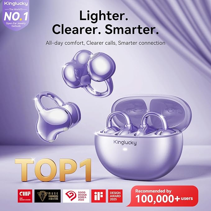 Kinglucky Upgraded Clip-On Earbuds Comfortable fit & Crystal-clear Sound, 50H Playtime Open Ear Buds Bluetooth 6.0 Wireless Headphones for Women Ideal for Small Ears, Sports & Workouts, Glasses Purple