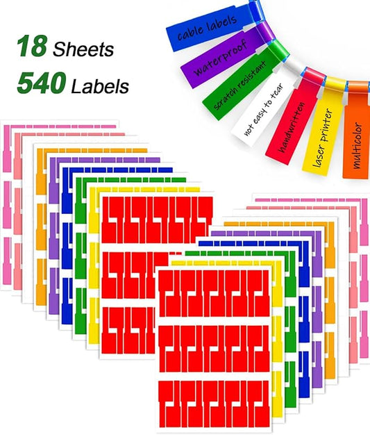 540 Pcs Cable Labels Tags for Cable Management, 9 Colors Cord Paper Ideniication Tags for Electronics, Waterproof Labeling Wire, Self Adhesive Tear Resistant Wire Labels Laser Printer & Handwriting