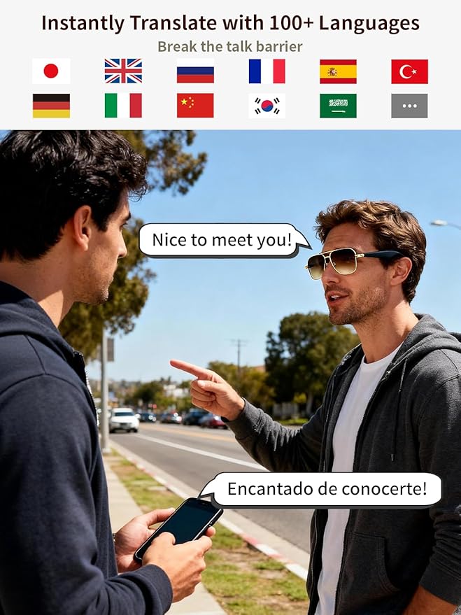 Bluetooth Sunglasses for Men, AI Smart Glasses with Open-Ear Speakers for Music & Calls, Blue Light Blocking UV400 Lenses Lightweight Translation Glasses for Driving, Travel & Work