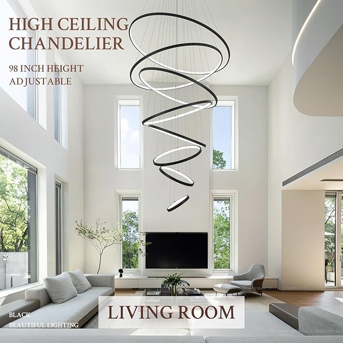 Modern LED Chandelier 8 Rings Dimmable Black High Ceiling Chandelier Foyer, Large LED Contemporary Pendant Lighting for Staircase Entryway Living Room, D35’’ 3000K-6500K
