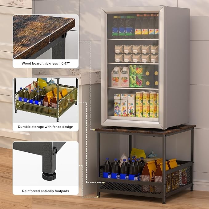 Mini Fridge Stand with Storage, Heavy Duty Mini Fridge Cabinet Shelf - 230 lbs Capacity, Storage Bin for Drink & Snacks, Sturdy Small Refrigerator Stand for Dorm, Office, and Bedroom