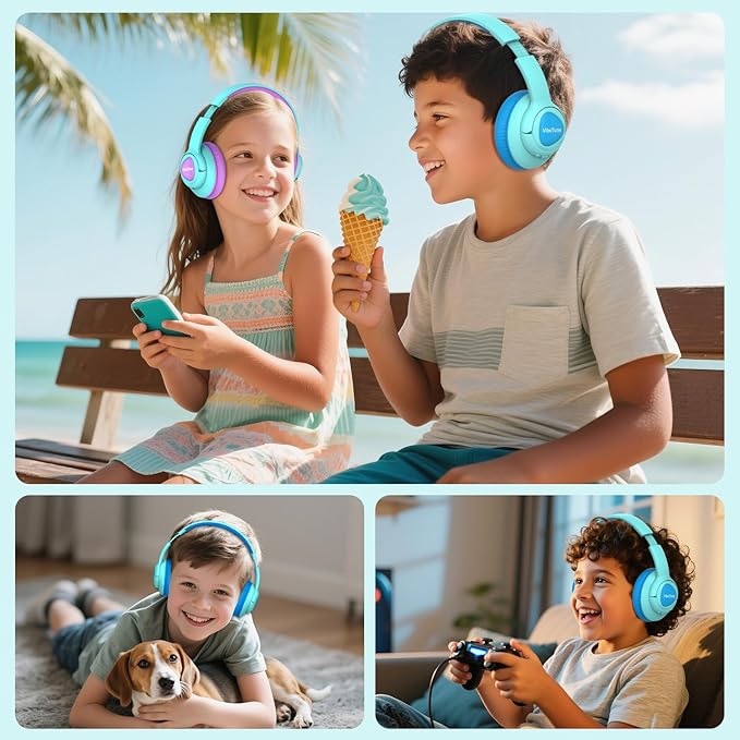 VibeTune Kids Bluetooth Headphones, 60H Playtime, Volume Limited 85/94dB, Bluetooth 5.4, Type-C Fast Charging, Foldable Wireless Headphones for Kids, Toddler Headsets with HD Mic-Blue Macaron