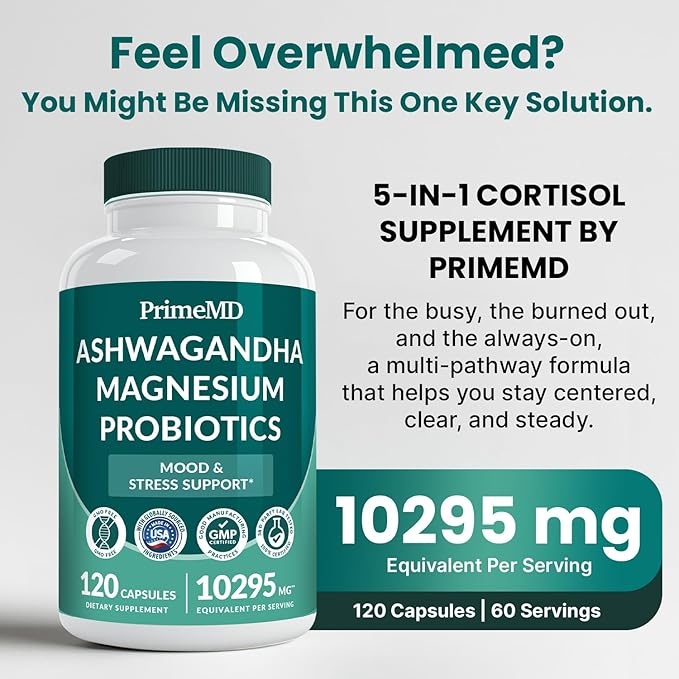 PrimeMD 5-in-1 Cortisol Supplement for Women and Men with Ashwagandha for Calmness, Focus, and Adrenal Support Supplements with Shilajit Extract, Magnesium Glycinate, Probiotics (120 ct) (Pack of 4)