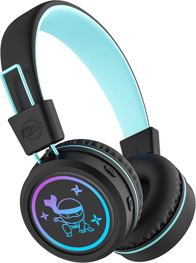 MEE Audio KidJamz KJ55BT Bluetooth Wireless Safe Listening Headphones for Children with LED Lights, 85dB Volume Limiter, Microphone, & 40h Battery; Kids Headset for School/iPhone/iPad/Tablet (Black)