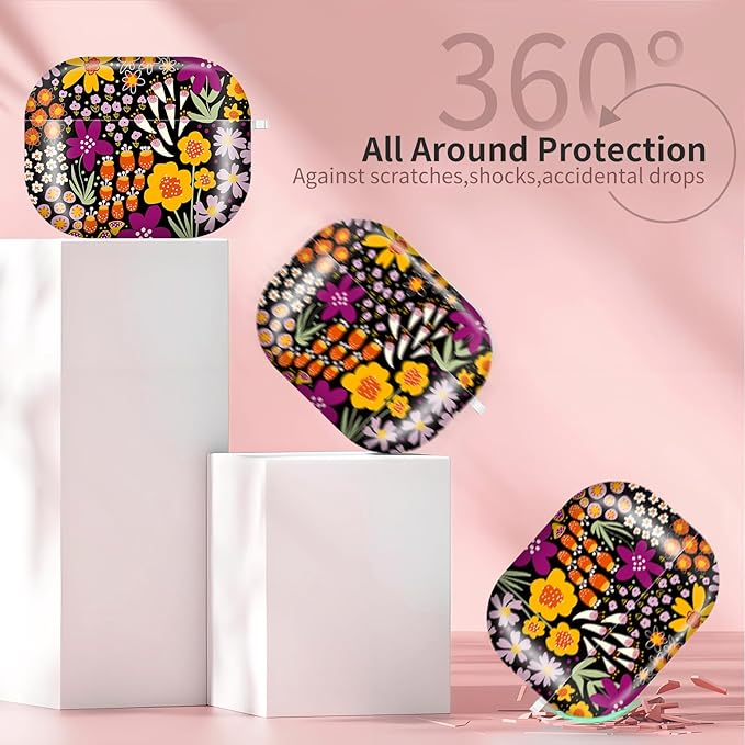AirPod Pro 3 (2025) Case Cover for Women, Cute Shockproof TPU Protective Case with Gold Round Buckle, Anti-Drop Design Boho Flower