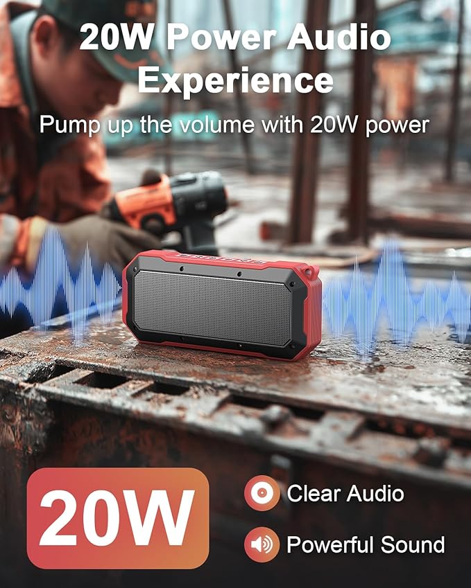 Bluetooth Jobsite Speaker with Magnet and Hook, 30H Working Time IPX6 Waterproof Speaker Plays Audio and Answers Calls Hands Free