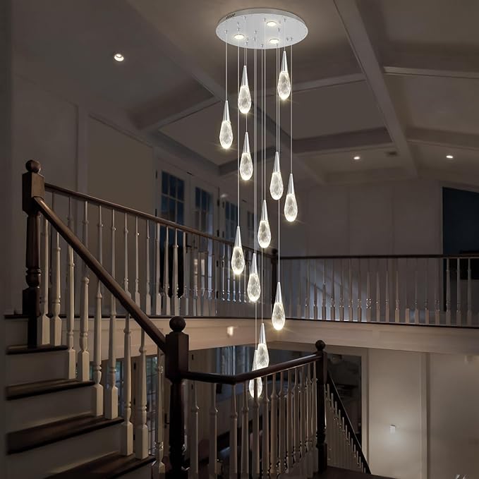 H118 Chandeliers for High Ceiling Chrome Modern Crystal Pendant Light 12-Lights Crystal Raindrop Chandelier for Living Room Staircase Villa