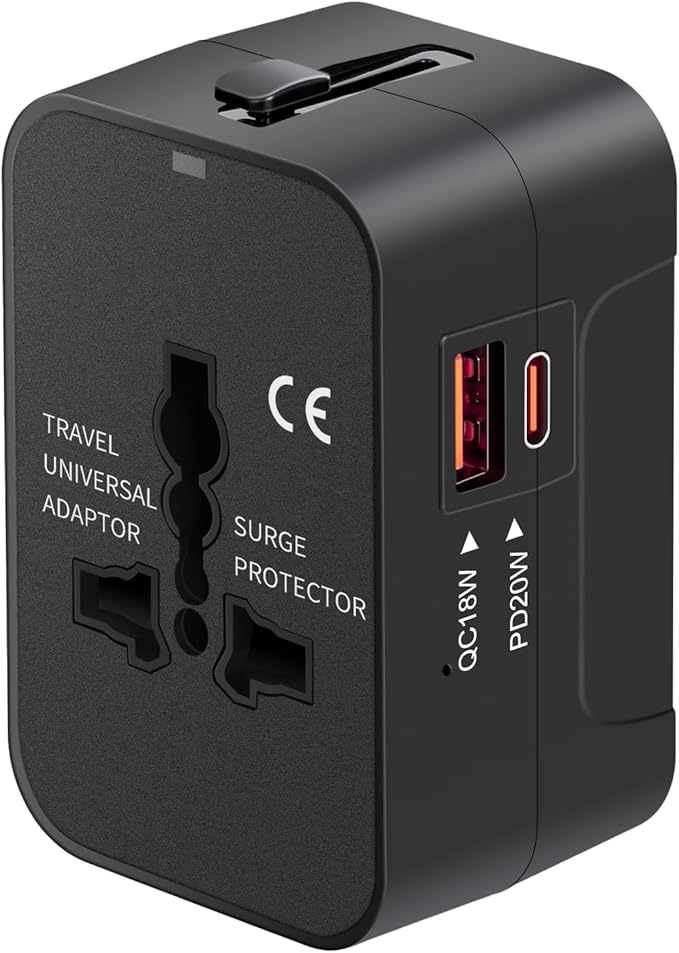 Travel Adapter USB C, Universal All in One Worldwide Travel Adapter Fast Charge GaN PD3.0 Type C USB-A Quick Charging Ports Power Converters Wall Charger AC Power Plug Adapter for USA EU UK AUS Black