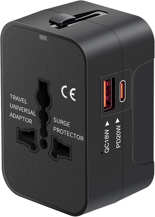 Travel Adapter USB C, Universal All in One Worldwide Travel Adapter Fast Charge GaN PD3.0 Type C USB-A Quick Charging Ports Power Converters Wall Charger AC Power Plug Adapter for USA EU UK AUS Black