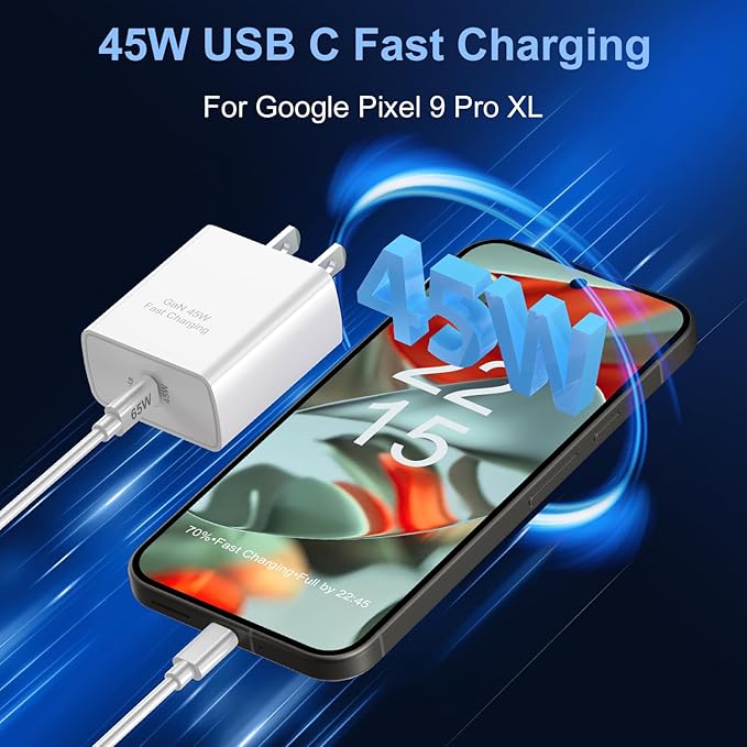 45W USB C Fast GaN Charger for Google Pixel 9 Pro XL/9 Pro/9/8 Pro/8/8a/7 Pro/7a/7/6/5/4 XL, Aymla 45 Watt Type C Adapter PD 3.0/PPS Wall Plug Charging Rapidly Block with 10FT C to C Cable（White）