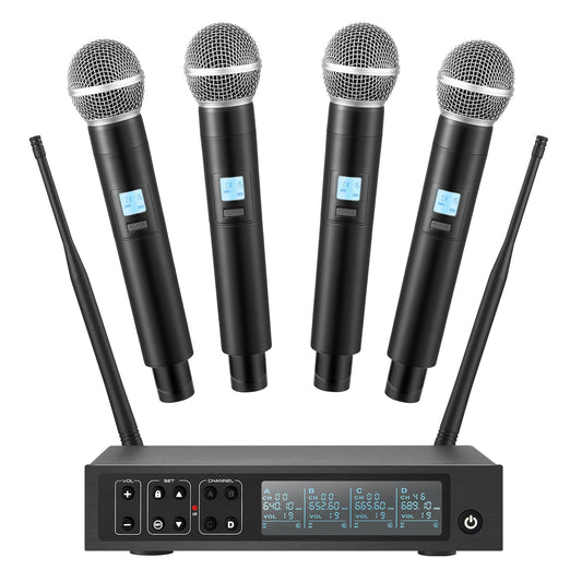 Wireless Microphone System, 4x50 Channels Cordless Handheld Microphones, 200FT UHF Range, Mics with Stable Signal Transmission for Karaoke Singing Party Church Wedding PA Speaker
