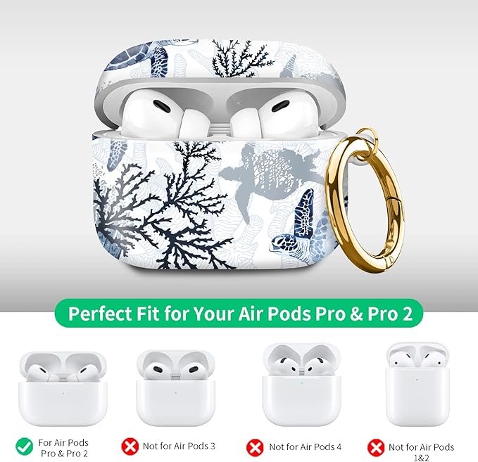 Compatible with Airpod pro 2nd/1st Generation Case Cover with Gold Round Keychain Cute Pattern Hard & Anti Slip Cover for Men Women & Girls（Swimming Turtles）