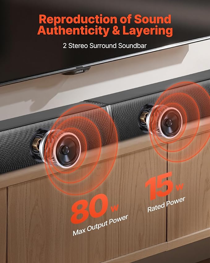 VEVOR Sound Bar for Smart TV, 2.0 Channel, 32-Inch 2 in 1 Detachable Soundbar TV Speakers, with Bluetooth HDMI AUX USB Connection, Remote Control, 80W Surround Sound System, for Home Theater Audio