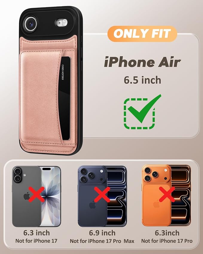 for iPhone 17 Air Case with Wallet - Fits 4 Card Slots, Compatible with MagSafe for Women Aesthetic Durable PU Leather Credit Card Holder Kickstand Phone Cover for Apple 17 Air, Rose Gold