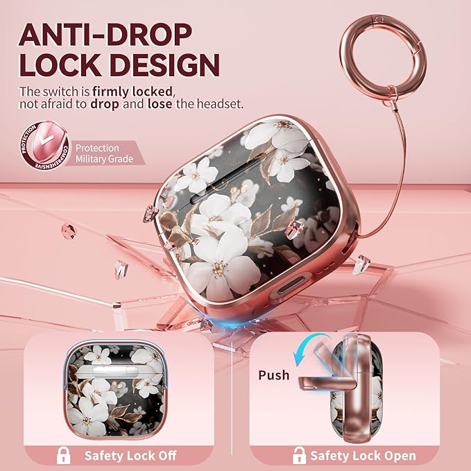Inesore with Safety Lock for AirPods 4 Case,Clear Floral Cute AirPod 4th Generation Case for Women Girly with Cleaner Kit and Keychain-Black+Gold Black Gold Flower