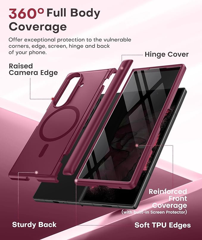 BERFY for Samsung Galaxy Z Fold 7 Case with Privacy Screen Protector, [Compatible with MagSafe][Anti Spy] Built-in Hidden Kickstand, Full-Body Shockproof Slim Phone Case for Z Fold 7, Red