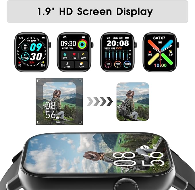 Smart Watch for Android iPhone-Call Receive/Dial/Read Message/AI Control-1.9" HD Screen-IP67 Waterproof Fitness Smartwatch-Blood Pressure/Heart Rate/SpO2/Sleep Monitor（Stone Black）