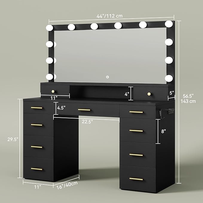 YITAHOME Large Vanity Desk with Mirror and Lights, Big Makeup Vanity with Power Outlets & 11 Drawers, 3 Lighting Modes Adjustable Bedroom Dressing Table for Bedroom, Dressing Room, Black
