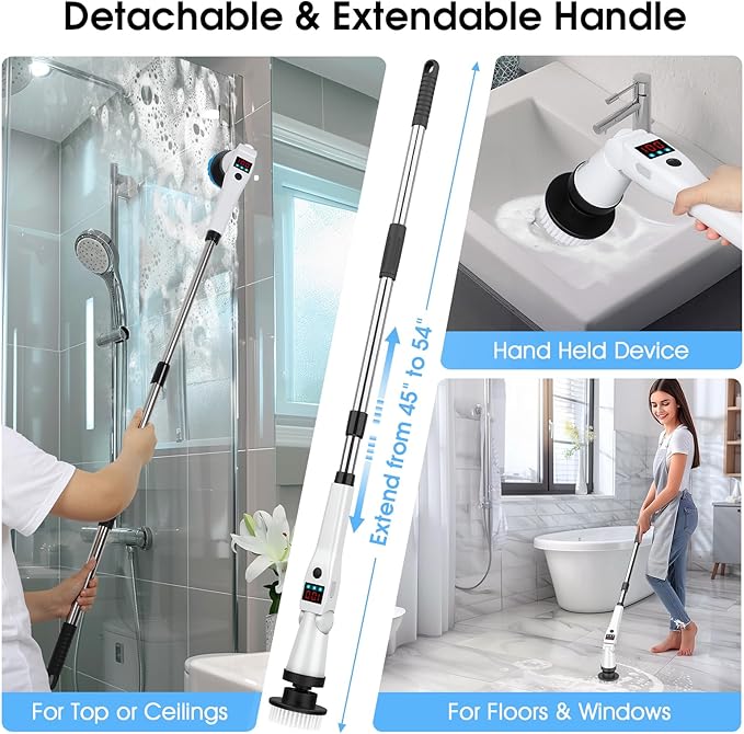 Electric Spin Scrubber Shower Scrubber with Long Handle & 3 Speeds, Rechargeable Cordless Power Scrubber Spin Brush for Cleaning Bathroom, Tub, Floor, Tile（Black-Beige