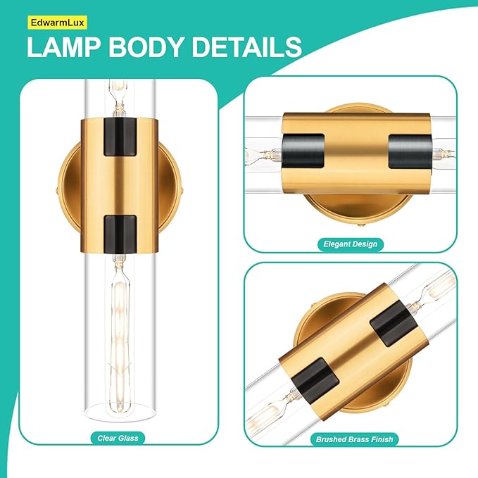 2-Light Bathroom Vanity Light Fixtures, 17.5" Indoor Wall Sconce with Clear Glass, Modern Cylinder Wall Lights for Bathroom, Bedroom, Hallway, Stairways, Living Room (Brushed Gold)