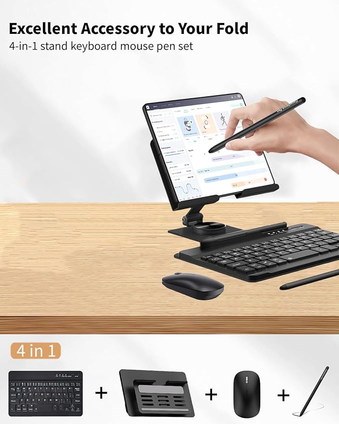 for Samsung Galaxy Z Fold 7 6 5 Trifold Stand and Keyboard, Aluminum Foldable Phone Stand Holder for Desk, 7.9 inch Mini Bluetooth Keyboard, 4 in 1 Portable Set Include Mouse and Pen