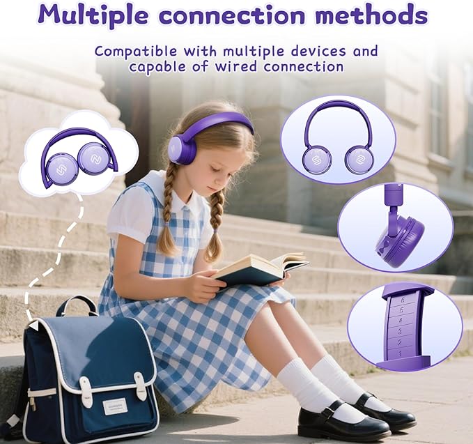 S62 Kids Bluetooth Headphones, Wireless Headphones for Kids Over Ear with Microphone, 85/94dB Volume Limiter Headset for Girls Boys, Foldable Headset for Learning & Entertainment-Purple