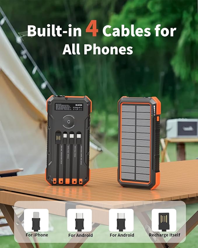 BLAVOR Solar Power Bank 20000mAh Built in 4 Cables, 20W Fast Charging Portable Charger with Wireless Charger for Apple Watch, Super Bright Flashlight, Compatible with all Phones and Electronic Devices
