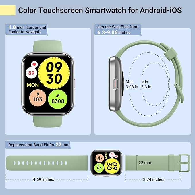 Smart Watches for Women/Men, Smart Watch for Android Phones & iPhone, Fitness Watches for Women with Alexa, Call & Notification Alerts, Tracks Heart Rate/Sleep Smartwatches (Green, 1.8 inches)