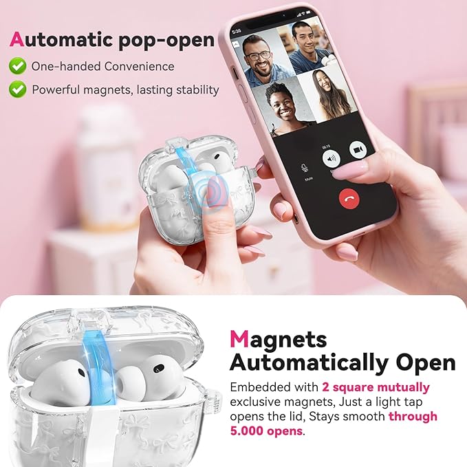 for AirPods Pro 3 Case with Secure Lock & Phone Stand, Bow-Print Clear Case for Apple AirPods Pro 3rd Generation 2025 Cover with Cleaner Keychain for Women Girly (White, Airpods Pro 3 (2025))