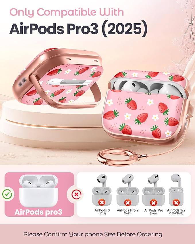 Coralogo for AirPods Pro 3 Case with Safety Lock - Cute Cartoon for Women Girls Fashion Stylish Strawberry Pattern Design Kawaii Girly Girlish Hard Protective Cover for AirPods Pro 3rd Generation