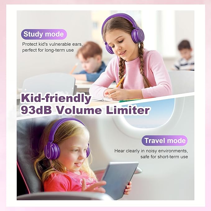 Kids Headphones, Wired Headphones for Kids On Ear with Microphone, 93dB Volume Limiter Headphone for Girls Boys, Foldable Lightweight Headphone for School Learning & Entertainment, Pink Purple
