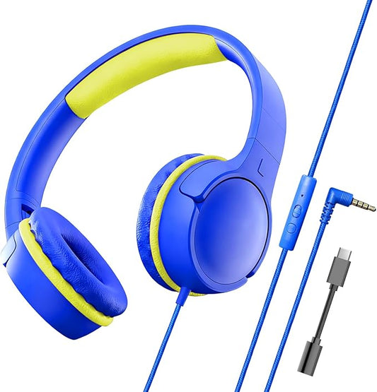 Children's Headphones with Microphone, Foldable 3.5mm Jack, USB-C Jack, Adjustable 85db/94db Volume, Suitable for Mobile Phones,Computers,Tablets,School,Airplanes,Travel (Blue and Yellow)